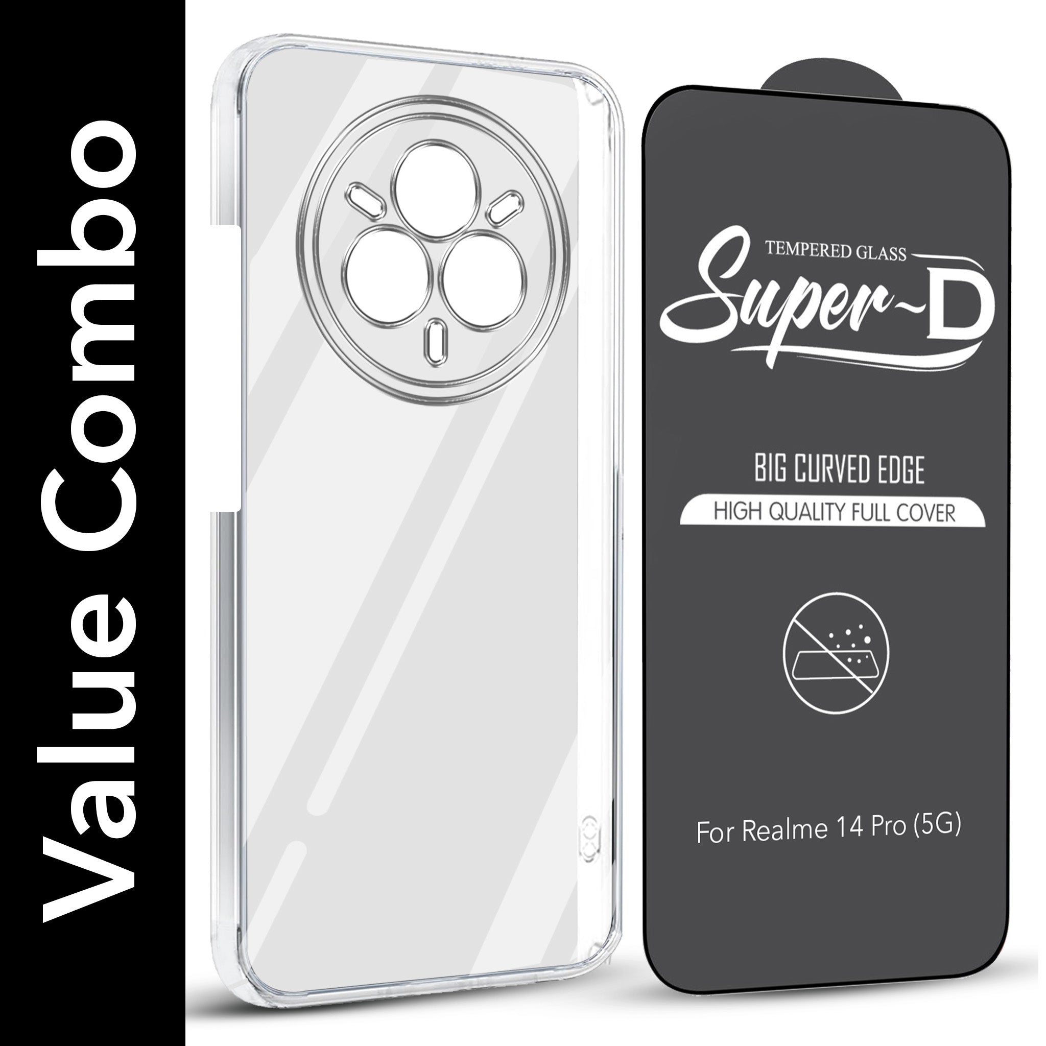 For Realme 14 Pro Combo with Back Cover and 9H Tempered Glass (Lifetime Anti-Yellow | Sleek Hard Crystal | Oleophobic Coating Screen Glass)