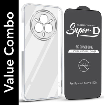 For Realme 14 Pro Combo with Back Cover and 9H Tempered Glass (Lifetime Anti-Yellow | Sleek Hard Crystal | Oleophobic Coating Screen Glass)