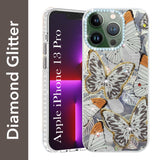 For Apple iPhone 13 Pro Back Cover Case (Luxury Floral Glitter Cute Butterfly | Diamond Studded Camera Bump | Girls & Women Design)