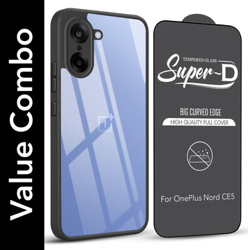 For Oneplus Nord CE 5 Combo with Back Cover and 9H Tempered Glass (Lifetime Anti-Yellow | Crystal Clear Shockproof | Oleophobic Coating Screen Glass)