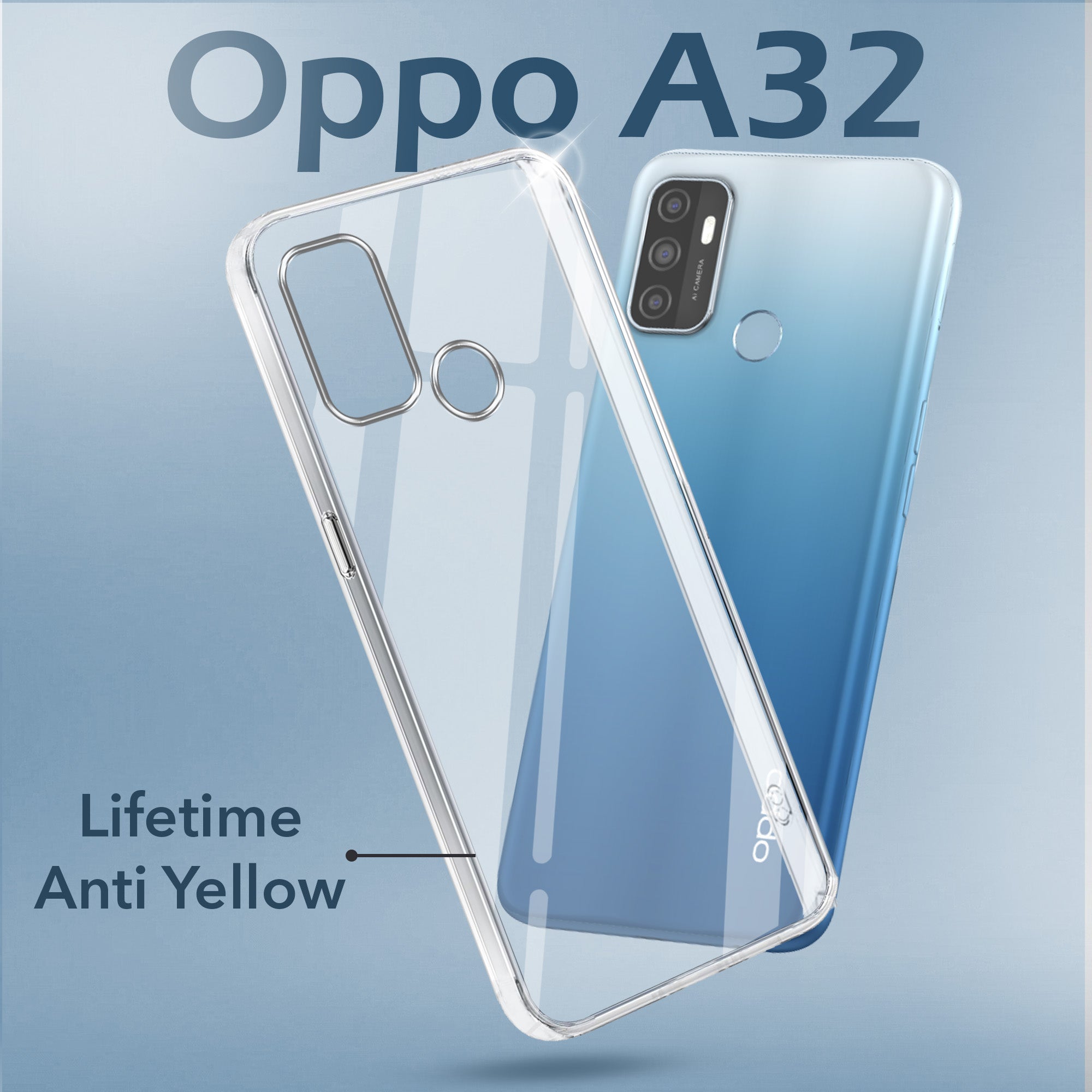 For Oppo A32 Back Cover Case Lifetime Anti-Yellow Clear (Sleek Hard Crystal | Shockproof and Camera Protection)