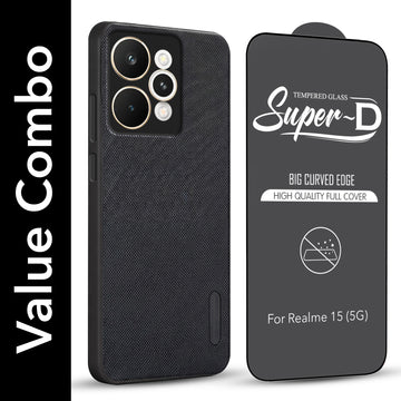 For Realme 15 Combo with Back Cover and 9H Tempered Glass (Textured Grip Design | Micro-Fiber Cloth Inside | Oleophobic Coating Screen Glass)