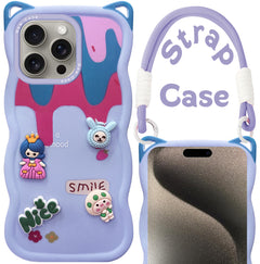 For Apple iPhone 15 Pro Max Back Case Cover Strap(3D Embossed Figures | Strap Holder | 360* Soft Cushion with Camera Bump)