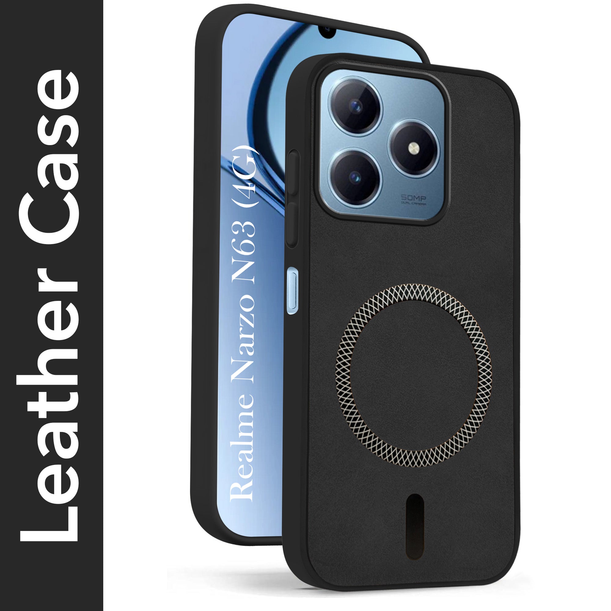 For Realme Narzo N63 Back Cover Case Leather Finish (MagSafe Compatible Wireless Charging | Soft Touch | Camera Bump Protection)