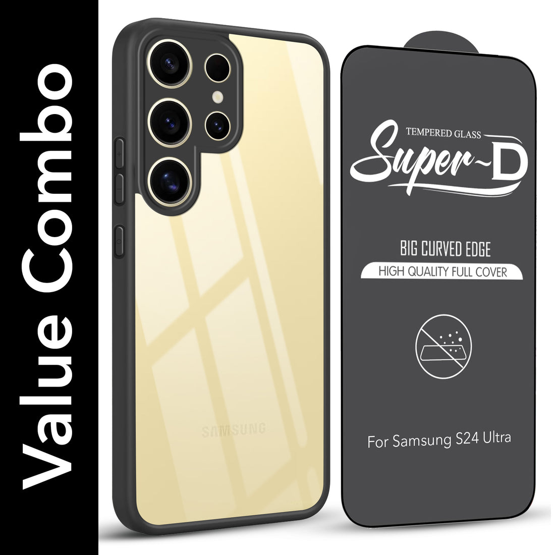 For Samsung Galaxy S24 Ultra Combo with Back Cover and 9H Tempered Glass (Lifetime Anti-Yellow | Crystal Clear Shockproof | Oleophobic Coating Screen Glass)