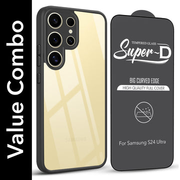 For Samsung Galaxy S24 Ultra Combo with Back Cover and 9H Tempered Glass (Lifetime Anti-Yellow | Crystal Clear Shockproof | Oleophobic Coating Screen Glass)