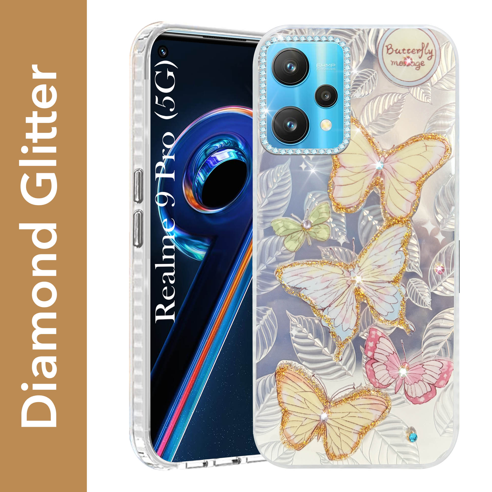 For Realme 9 Pro Back Cover Case (Luxury Floral Glitter Cute Butterfly | Diamond Studded Camera Bump | Girls & Women Design)