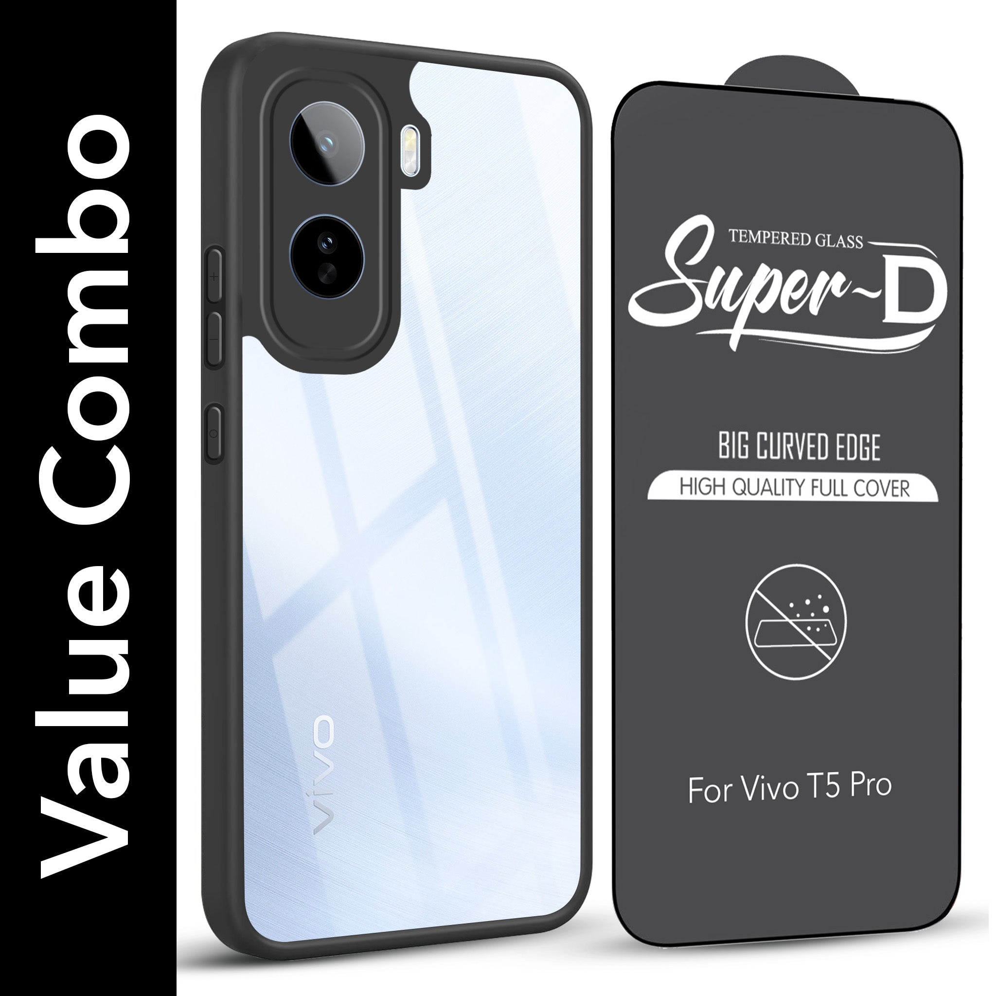 For Vivo T5 Pro 5G Combo with Back Cover and 9H Tempered Glass (Lifetime Anti-Yellow | Crystal Clear Shockproof | Oleophobic Coating Screen Glass)