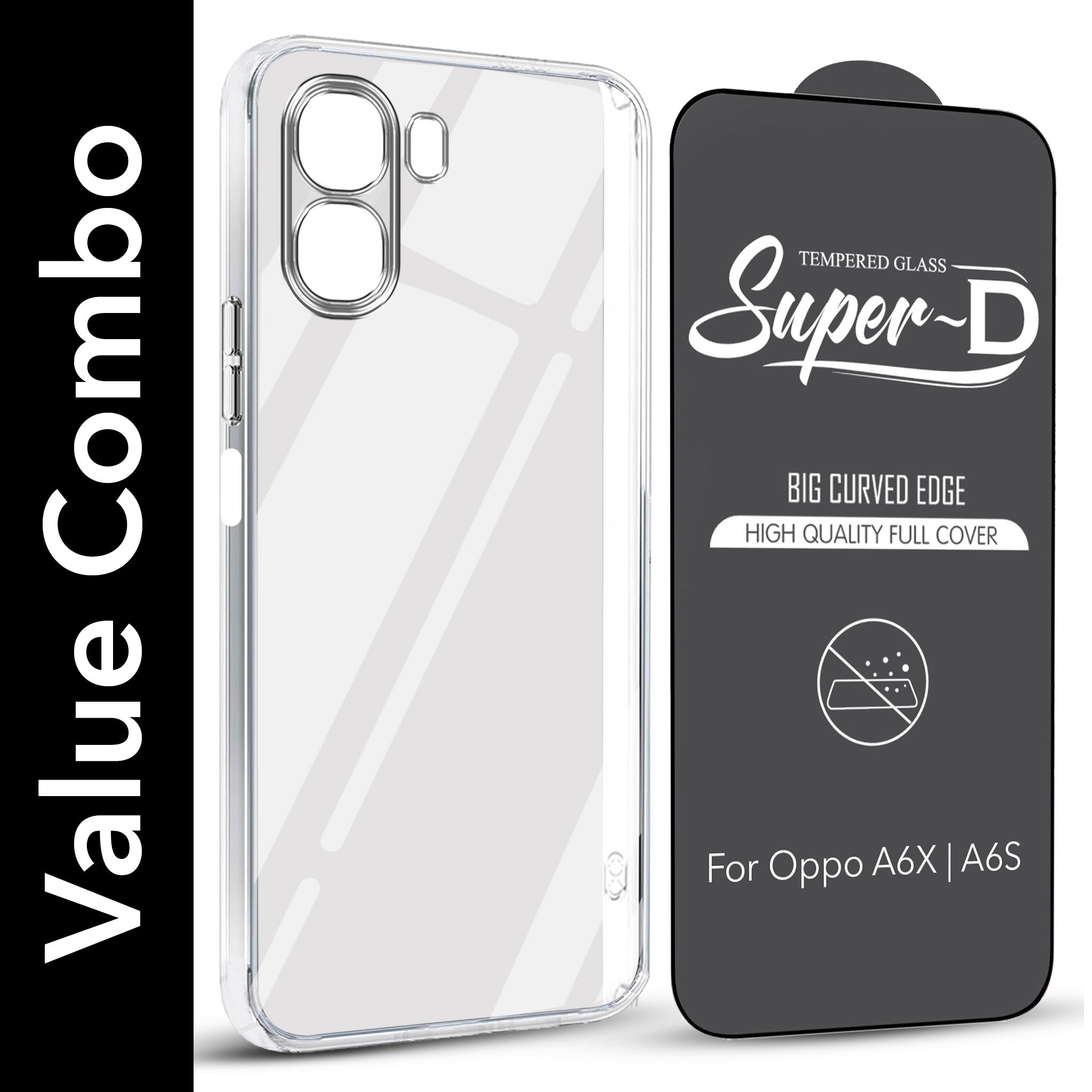 For Oppo A6X | Oppo A6S Combo with Back Cover and 9H Tempered Glass (Lifetime Anti-Yellow | Sleek Hard Crystal | Oleophobic Coating Screen Glass)