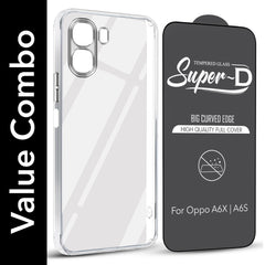 For Oppo A6X | Oppo A6S Combo with Back Cover and 9H Tempered Glass (Lifetime Anti-Yellow | Sleek Hard Crystal | Oleophobic Coating Screen Glass)
