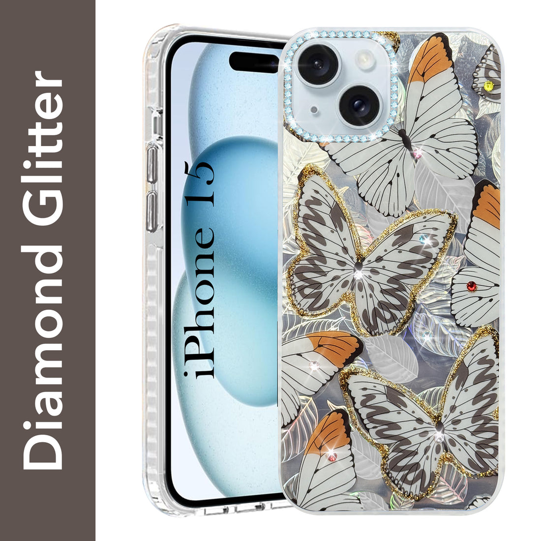 For Apple iPhone 15 Back Cover Case (Luxury Floral Glitter Cute Butterfly | Diamond Studded Camera Bump | Girls & Women Design)