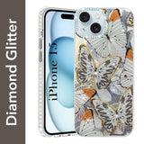 For Apple iPhone 15 Back Cover Case (Luxury Floral Glitter Cute Butterfly | Diamond Studded Camera Bump | Girls & Women Design)