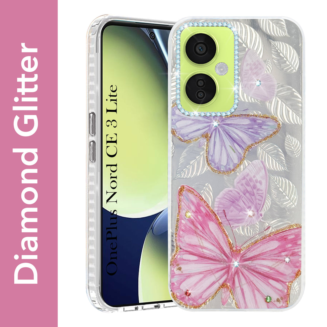 For OnePlus Nord CE 3 Lite Back Cover Case (Luxury Floral Glitter Cute Butterfly | Diamond Studded Camera Bump | Girls & Women Design)