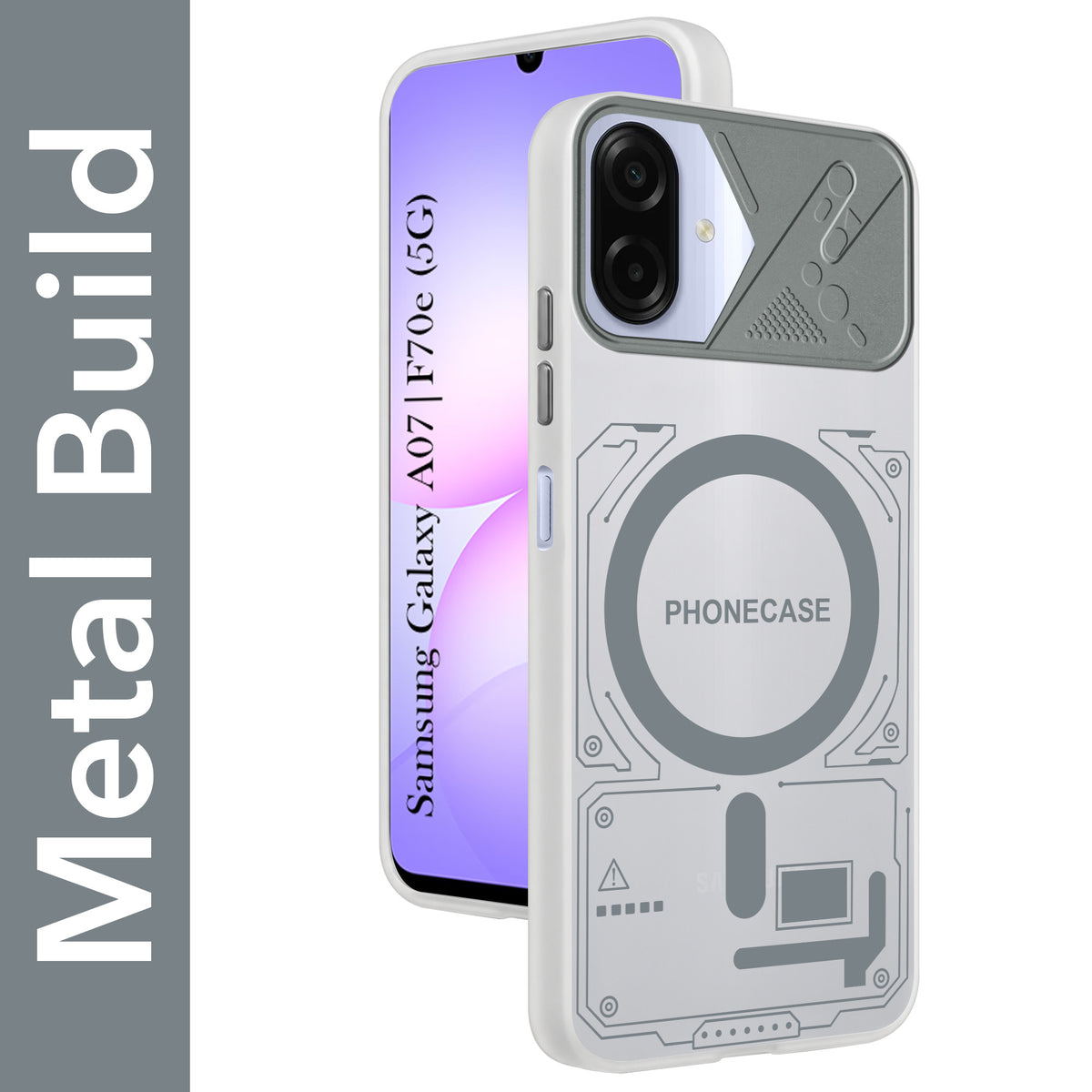 For Samsung Galaxy A07 5G | F70e 5G Metallic Back Cover Case (Metallic Camera Protection & Buttons | Translucent Milky Shade | Hard Polycarbonate)