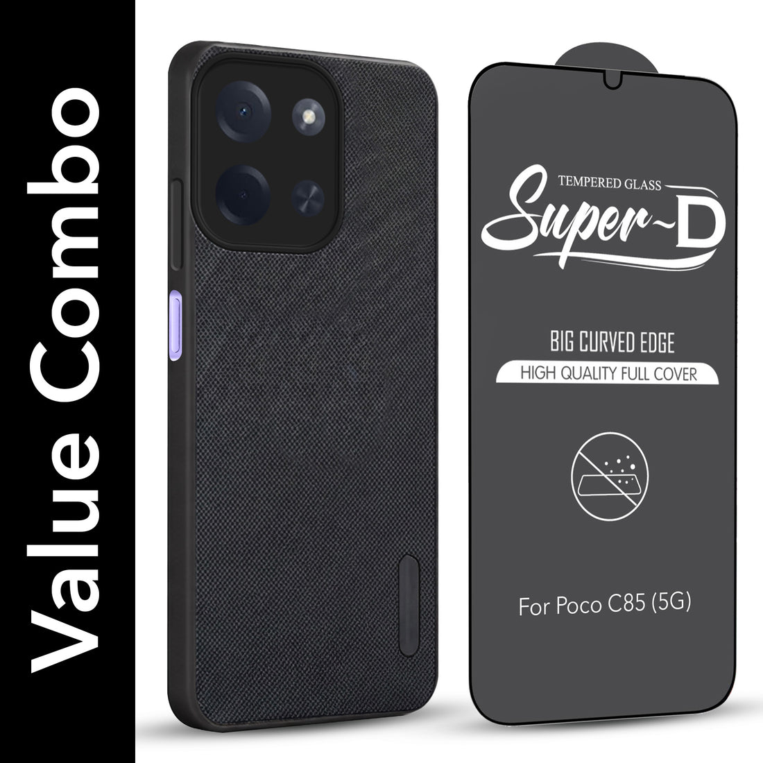 For Poco C85 5G Combo with Back Cover and 9H Tempered Glass (Textured Grip Design | Micro-Fiber Cloth Inside | Oleophobic Coating Screen Glass)