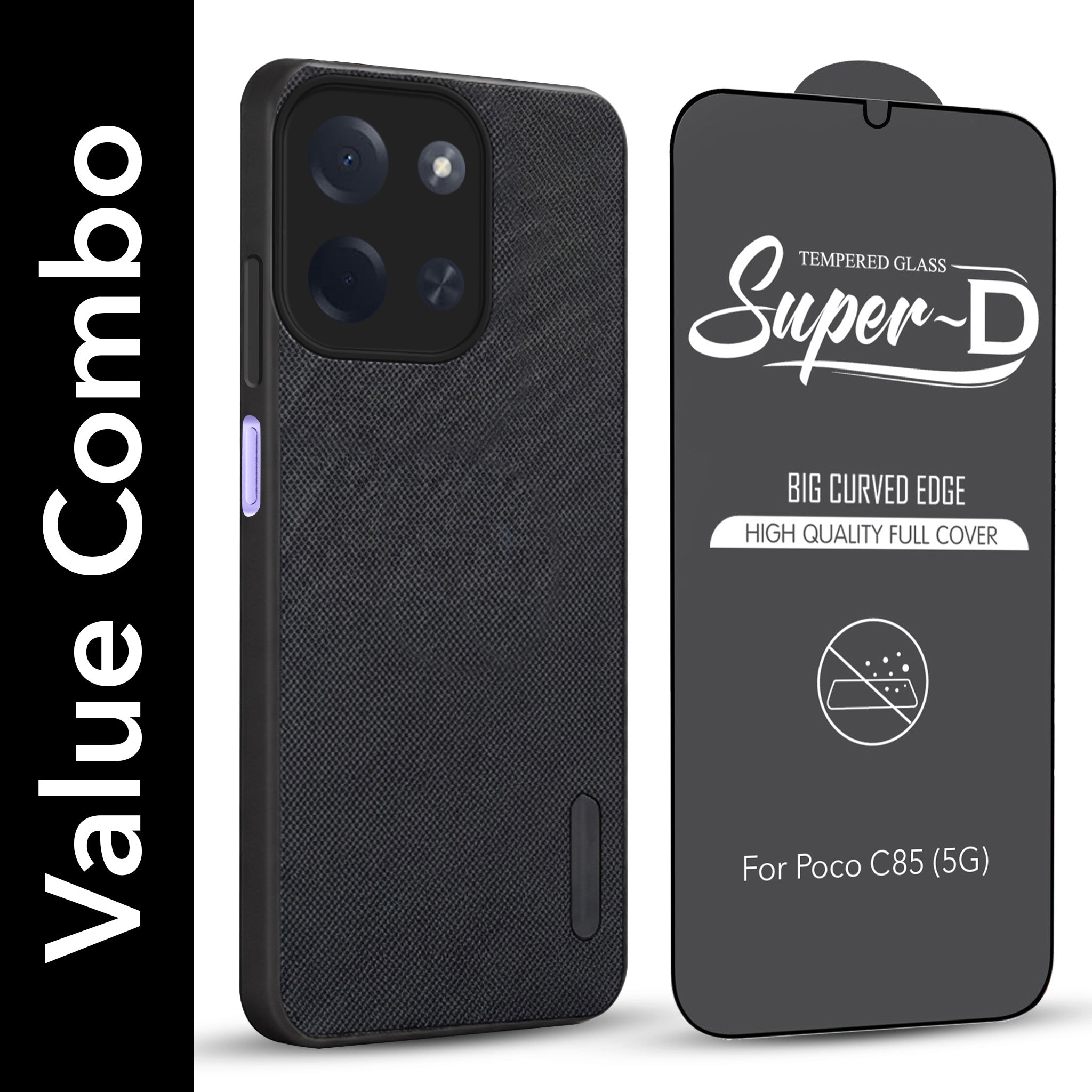 For Poco C85 5G Combo with Back Cover and 9H Tempered Glass (Textured Grip Design | Micro-Fiber Cloth Inside | Oleophobic Coating Screen Glass)