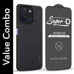 For Poco C85 5G Combo with Back Cover and 9H Tempered Glass (Textured Grip Design | Micro-Fiber Cloth Inside | Oleophobic Coating Screen Glass)
