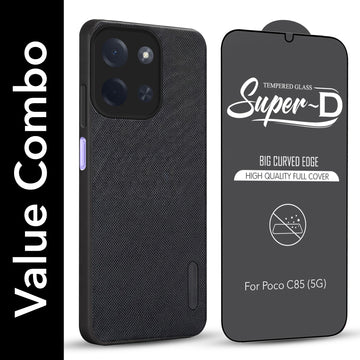 For Poco C85 5G Combo with Back Cover and 9H Tempered Glass (Textured Grip Design | Micro-Fiber Cloth Inside | Oleophobic Coating Screen Glass)