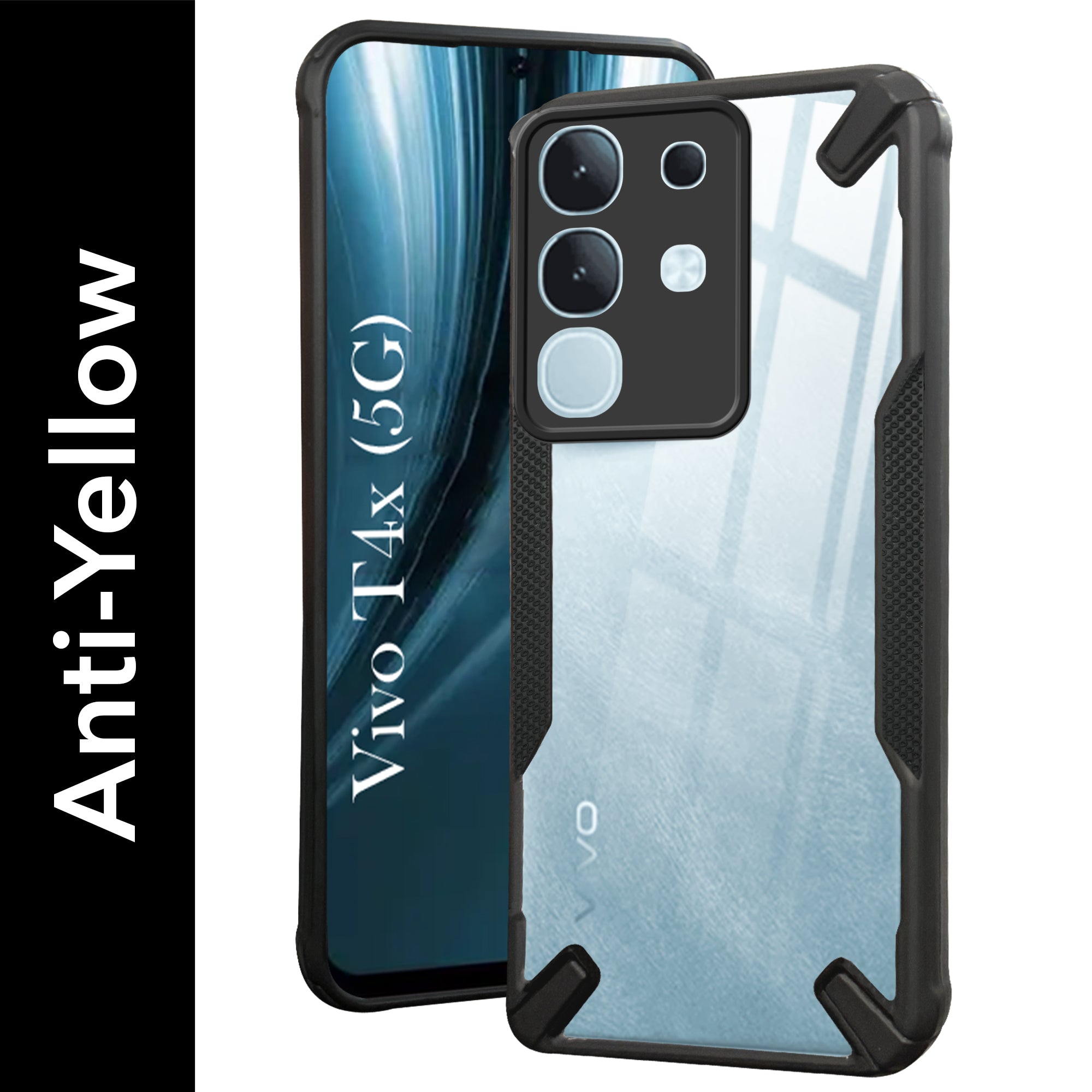 For Vivo T4x Back Cover Case (Hybrid Crystal | Ultimate Shockproof Bumpers | Anti Yellow | Rugged Armor | Black )