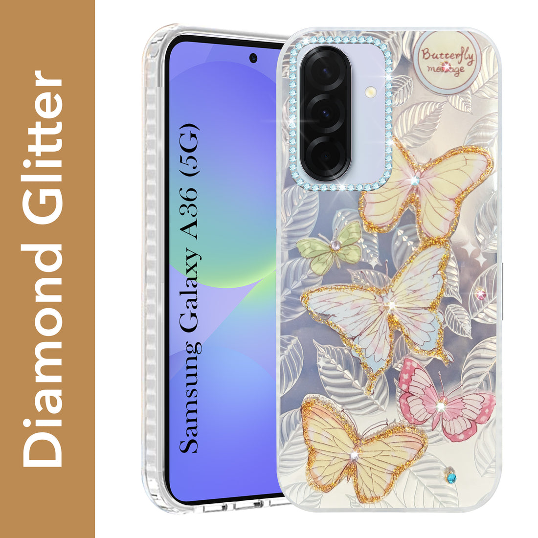 For Samsung Galaxy A36 5G Back Cover Case (Luxury Floral Glitter Cute Butterfly | Diamond Studded Camera Bump | Girls & Women Design)