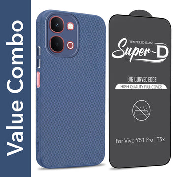 For Vivo Y51 Pro 5G | Vivo T5x Combo with Back Cover and 9H Tempered Glass (Liquid Silicone | Camera Protection | Oleophobic Coating Screen Glass)
