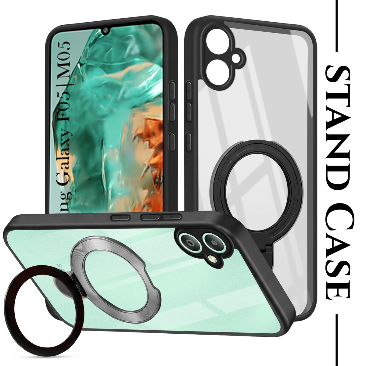 For Samsung Galaxy F05 | M05 Back Cover Case (Kick Stand Ring Holder | Life time Anti Yellow | Camera Protection)