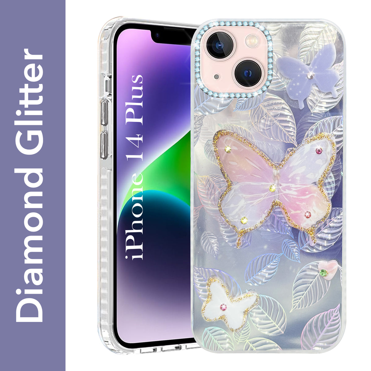 For Apple iPhone 14 Plus Back Cover Case (Luxury Floral Glitter Cute Butterfly | Diamond Studded Camera Bump | Girls & Women Design)