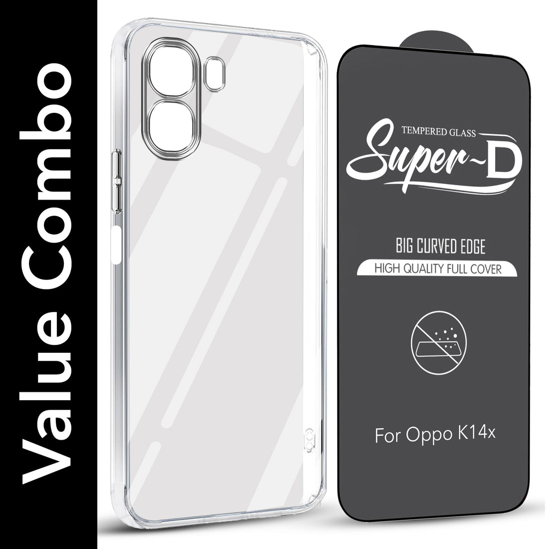 For Oppo K14x 5G Combo with Back Cover and 9H Tempered Glass (Lifetime Anti-Yellow | Sleek Hard Crystal | Oleophobic Coating Screen Glass)