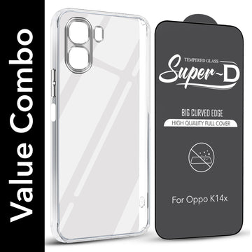 For Oppo K14x 5G Combo with Back Cover and 9H Tempered Glass (Lifetime Anti-Yellow | Sleek Hard Crystal | Oleophobic Coating Screen Glass)