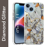 For Apple iPhone 14 Back Cover Case (Luxury Floral Glitter Cute Butterfly | Diamond Studded Camera Bump | Girls & Women Design)