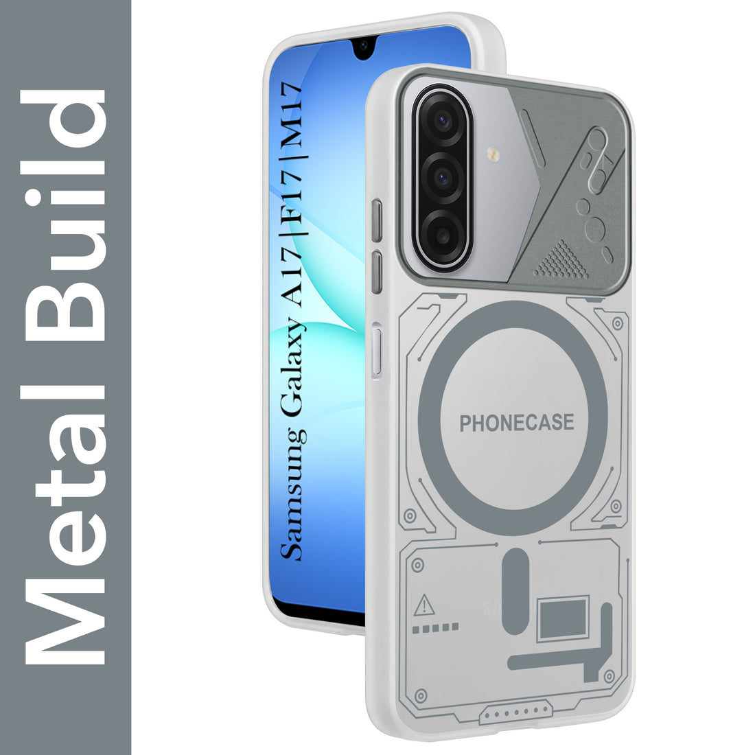 For Samsung Galaxy A17 | Samsung F17 | Samsung M17 5G Metallic Back Cover Case (Metallic Camera Protection & Buttons | Translucent Milky Shade | Hard Polycarbonate)