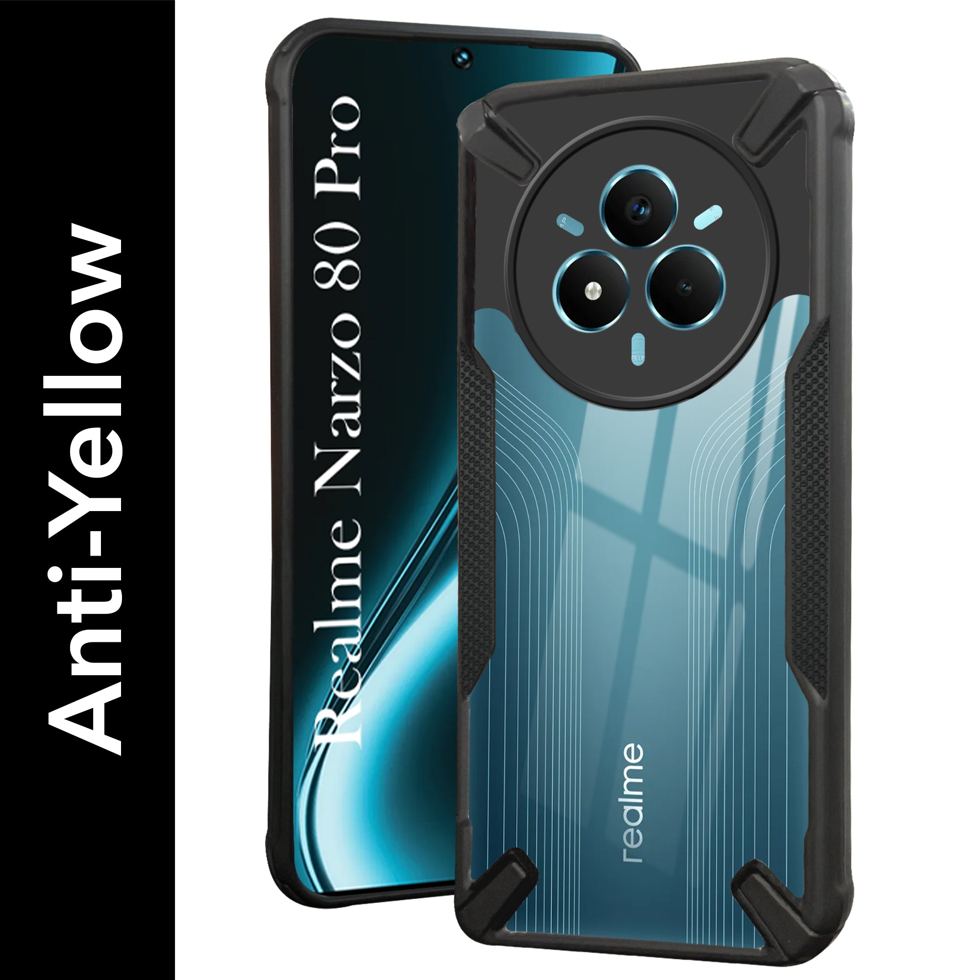 For Realme Narzo 80 Pro Back Cover Case (Hybrid Crystal | Ultimate Shockproof Bumpers | Anti Yellow | Rugged Armor | Black )