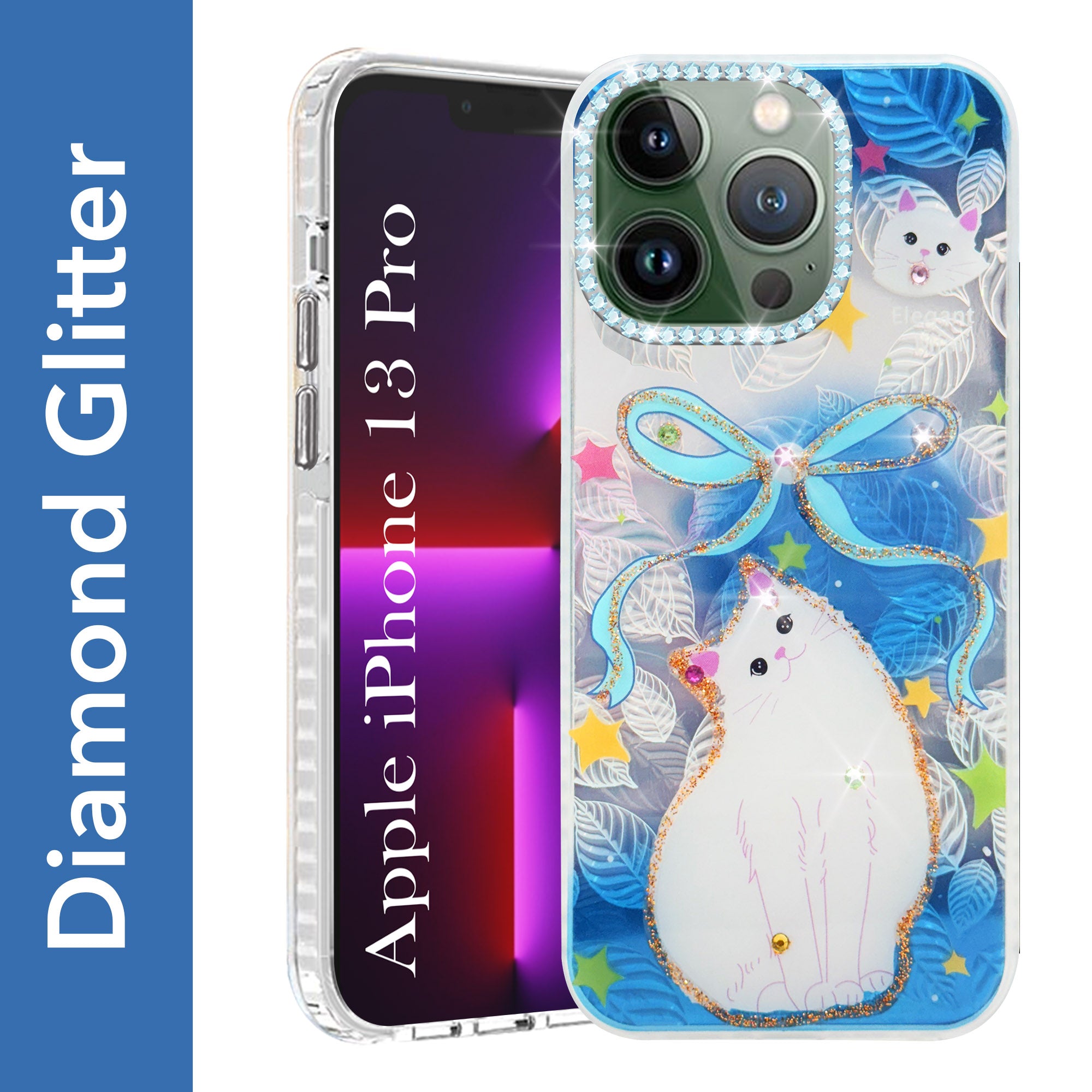 For Apple iPhone 13 Pro Back Cover Case (Luxury Floral Glitter Cute Butterfly | Diamond Studded Camera Bump | Girls & Women Design)