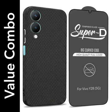For Vivo Y28 5G Combo with Back Cover and 9H Tempered Glass (Liquid Silicone | Camera Protection | Oleophobic Coating Screen Glass)