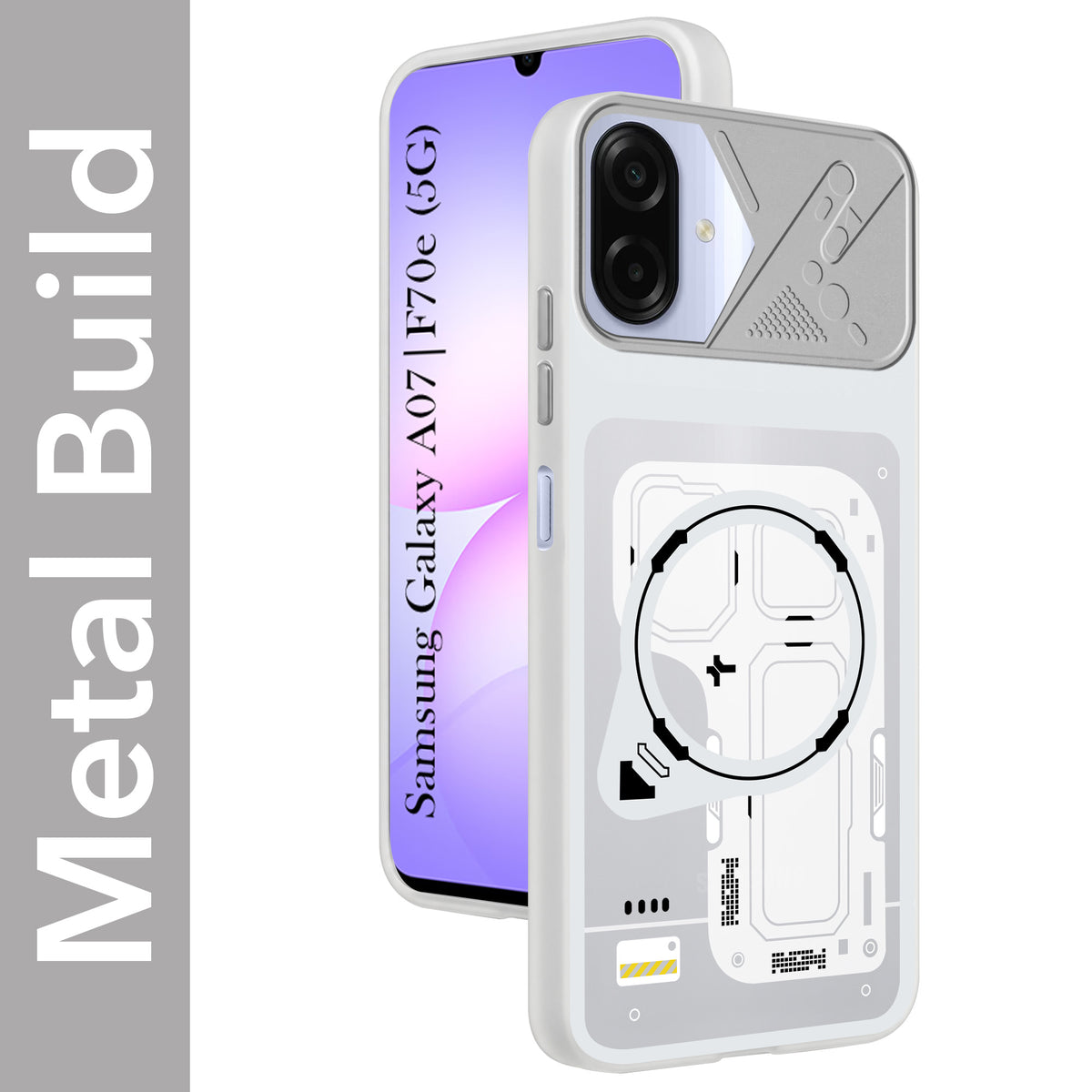 For Samsung Galaxy A07 5G | F70e 5G Metallic Back Cover Case (Metallic Camera Protection & Buttons | Translucent Milky Shade | Hard Polycarbonate)