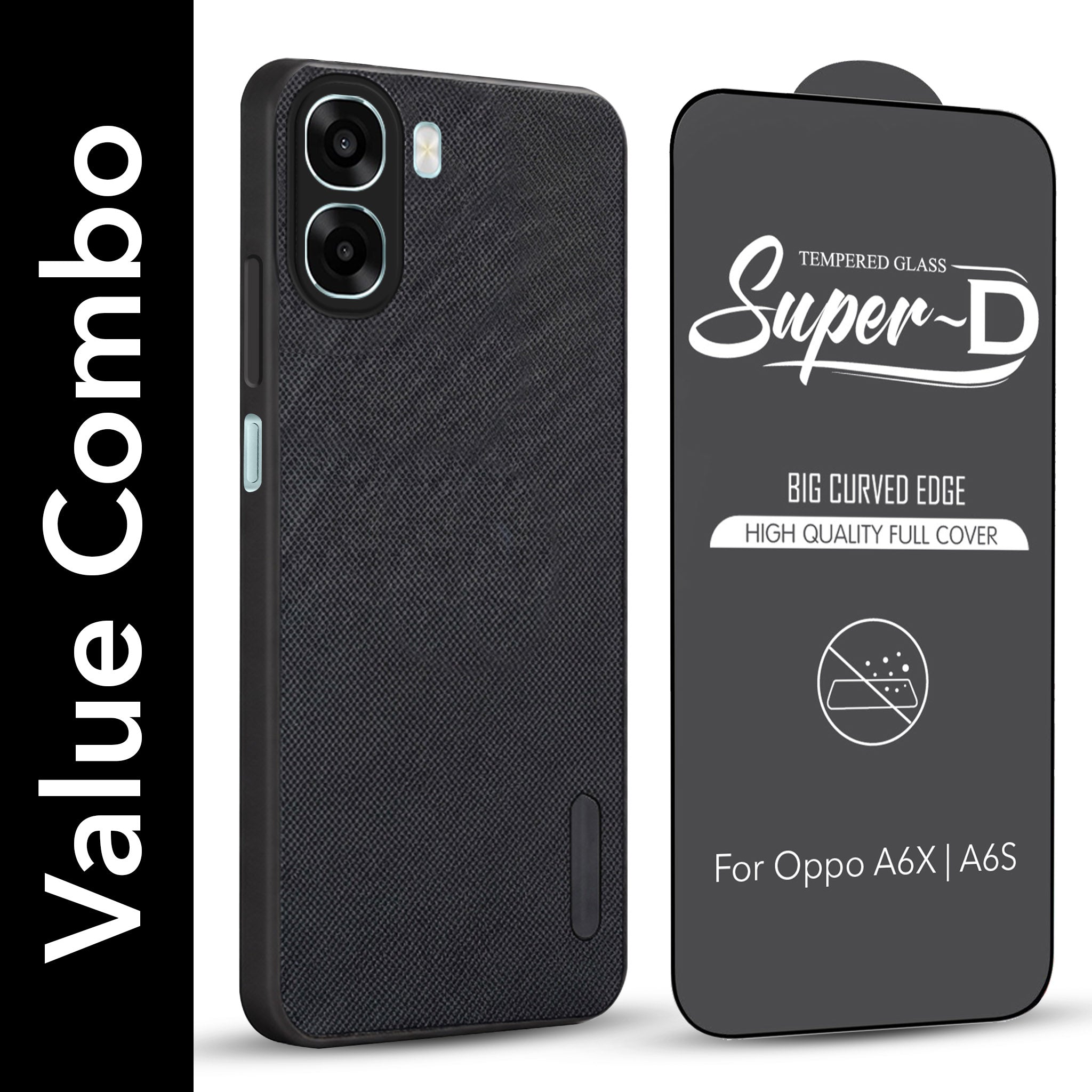 For Oppo A6X | Oppo A6S Combo with Back Cover and 9H Tempered Glass (Textured Grip Design | Micro-Fiber Cloth Inside | Oleophobic Coating Screen Glass)