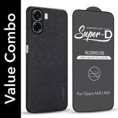 For Oppo A6X | Oppo A6S Combo with Back Cover and 9H Tempered Glass (Textured Grip Design | Micro-Fiber Cloth Inside | Oleophobic Coating Screen Glass)