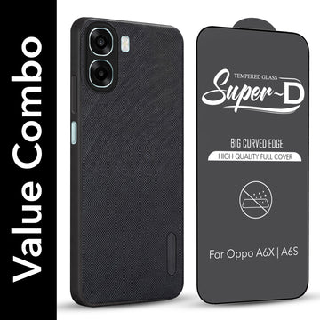 For Oppo A6X | Oppo A6S Combo with Back Cover and 9H Tempered Glass (Textured Grip Design | Micro-Fiber Cloth Inside | Oleophobic Coating Screen Glass)