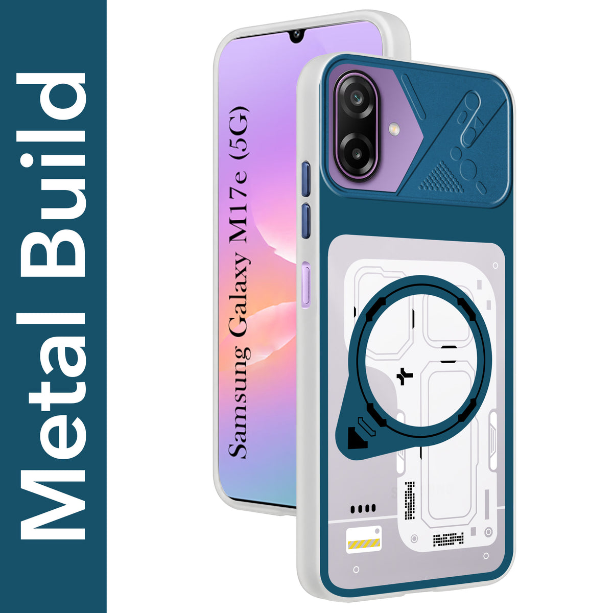 For Samsung Galaxy M17e Metallic Back Cover Case (Metallic Camera Protection & Buttons | Translucent Milky Shade | Hard Polycarbonate)
