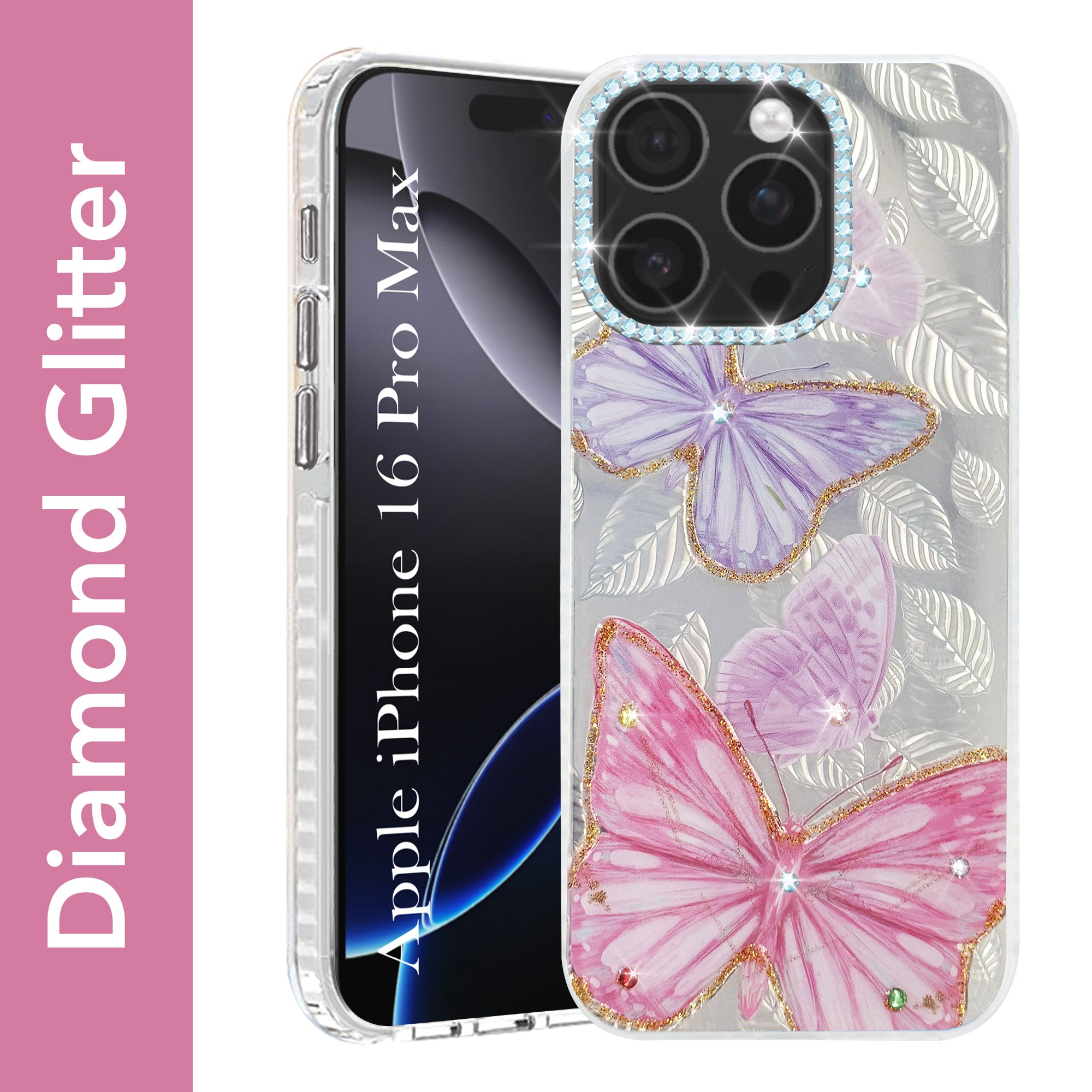 For iPhone 16 Pro Max Back Cover Case (Luxury Floral Glitter Cute Butterfly | Diamond Studded Camera Bump | Girls & Women Design)
