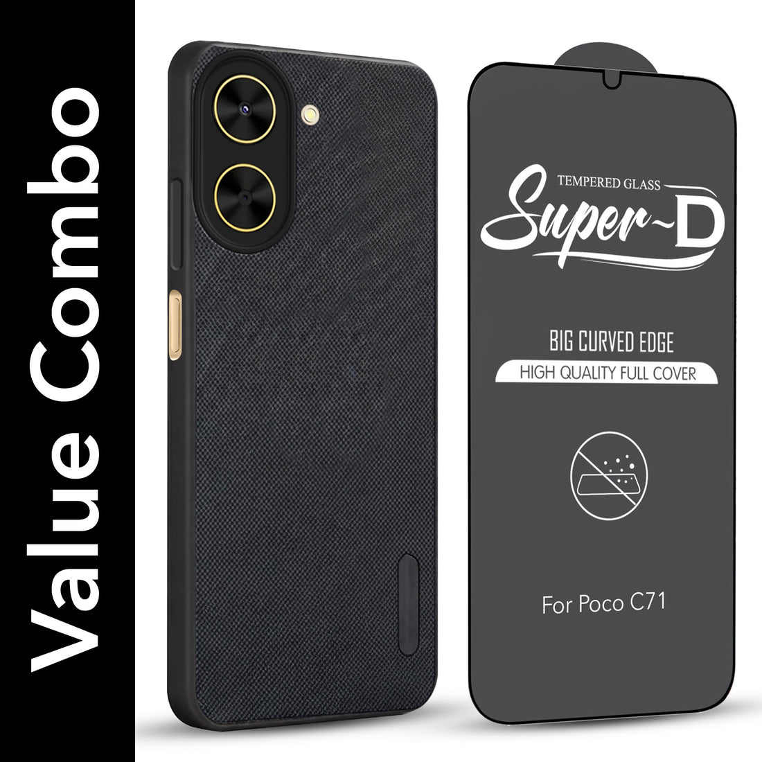 For Poco C71 Combo with Back Cover and 9H Tempered Glass (Textured Grip Design | Micro-Fiber Cloth Inside | Oleophobic Coating Screen Glass)