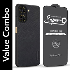 For Poco C71 Combo with Back Cover and 9H Tempered Glass (Textured Grip Design | Micro-Fiber Cloth Inside | Oleophobic Coating Screen Glass)