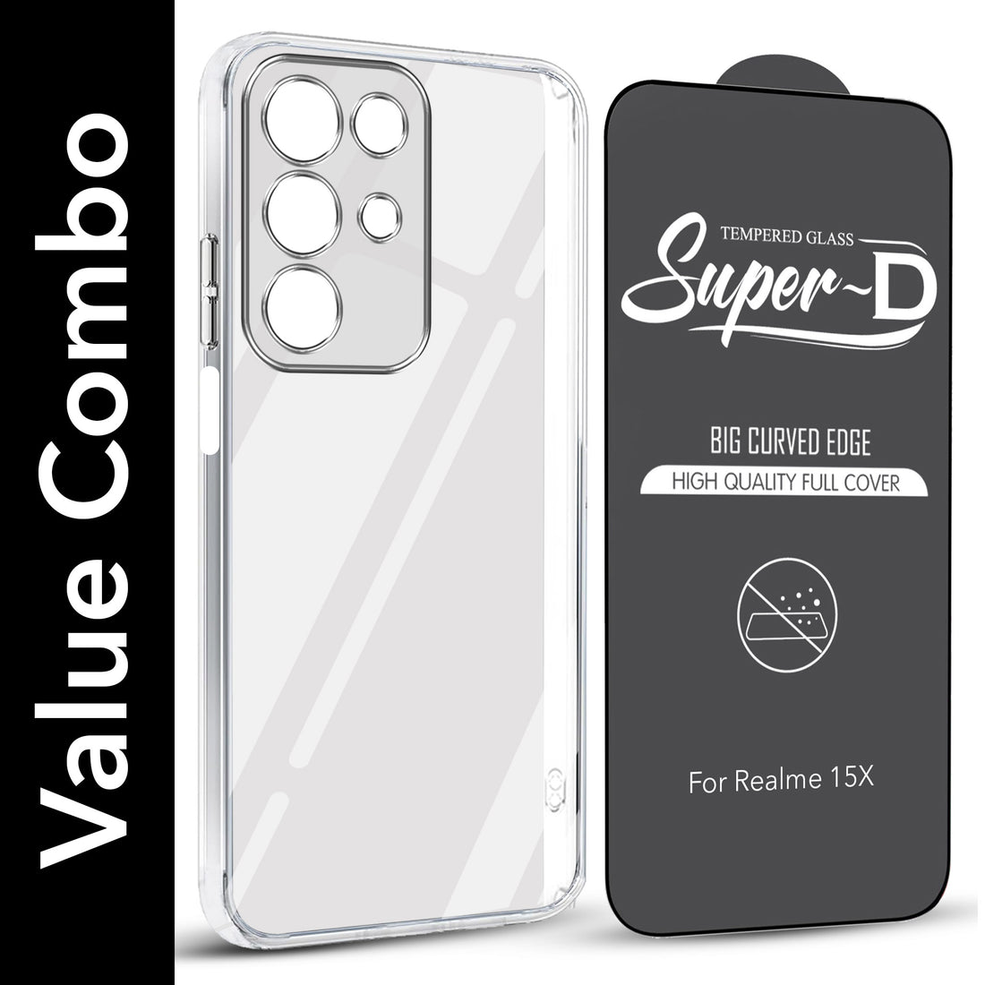 For Realme 15X Combo with Back Cover and 9H Tempered Glass (Lifetime Anti-Yellow | Sleek Hard Crystal | Oleophobic Coating Screen Glass)