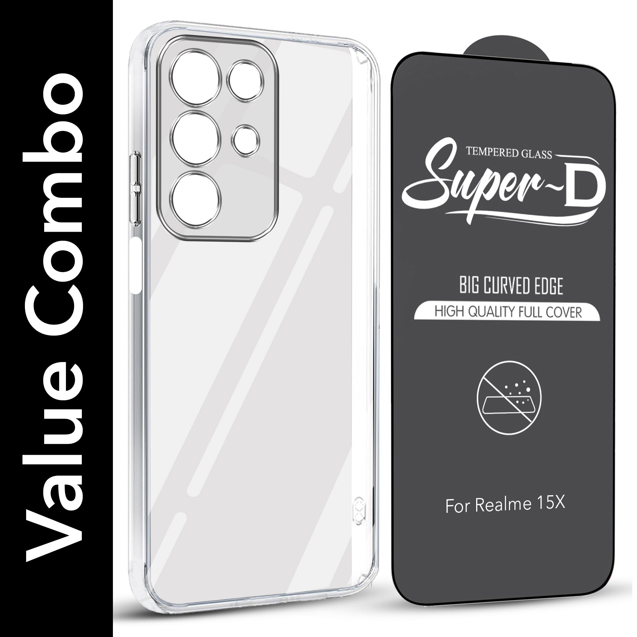 For Realme 15X Combo with Back Cover and 9H Tempered Glass (Lifetime Anti-Yellow | Sleek Hard Crystal | Oleophobic Coating Screen Glass)