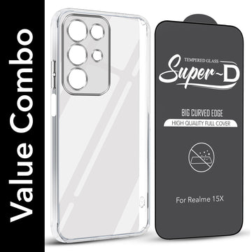 For Realme 15X Combo with Back Cover and 9H Tempered Glass (Lifetime Anti-Yellow | Sleek Hard Crystal | Oleophobic Coating Screen Glass)