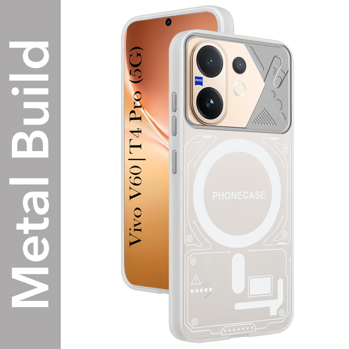 For Vivo V60 | Vivo T4 Pro Metallic Back Cover Case (Metallic Camera Protection & Buttons | Translucent Milky Shade | Hard Polycarbonate)