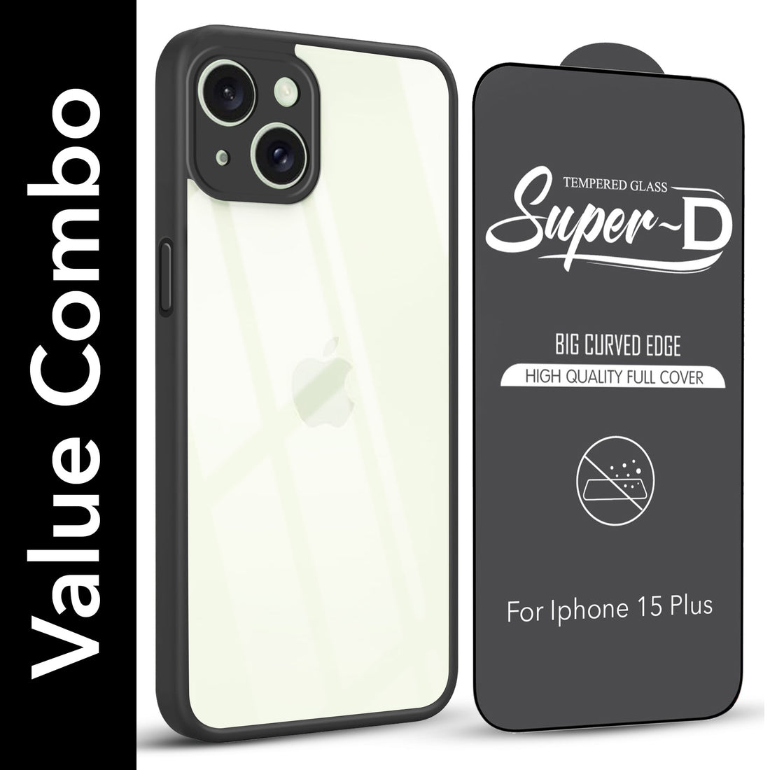 For Apple iPhone 15 Plus Combo with Back Cover and 9H Tempered Glass (Lifetime Anti-Yellow | Crystal Clear Shockproof | Oleophobic Coating Screen Glass)