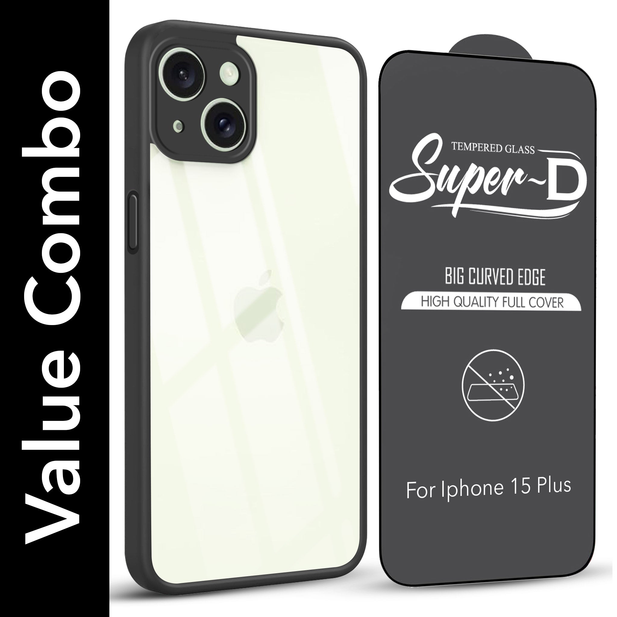 For Apple iPhone 15 Plus Combo with Back Cover and 9H Tempered Glass (Lifetime Anti-Yellow | Crystal Clear Shockproof | Oleophobic Coating Screen Glass)