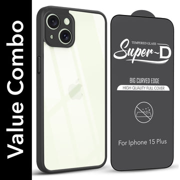 For Apple iPhone 15 Plus Combo with Back Cover and 9H Tempered Glass (Lifetime Anti-Yellow | Crystal Clear Shockproof | Oleophobic Coating Screen Glass)