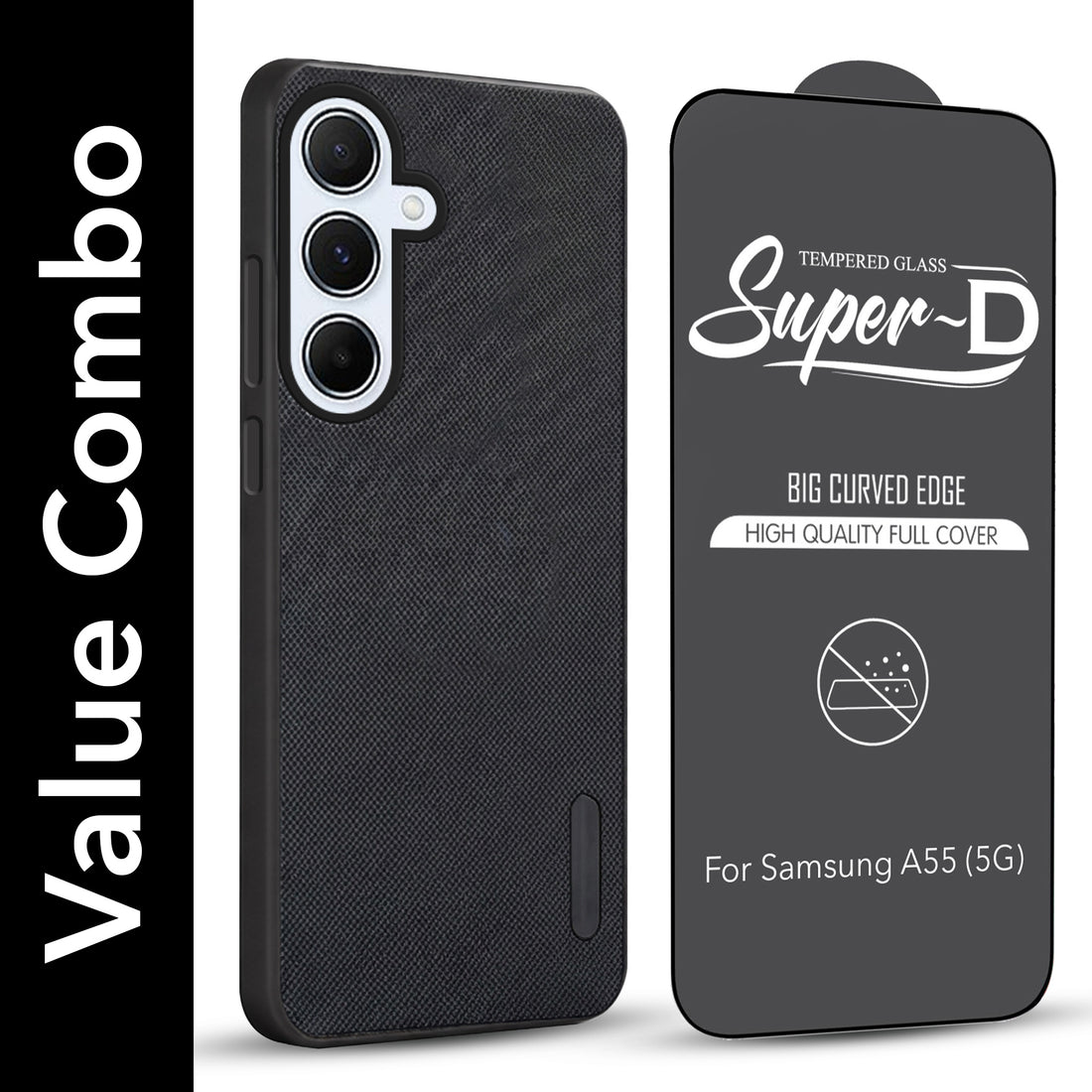 For Samsung Galaxy A55 5G Combo with Back Cover and 9H Tempered Glass (Textured Grip Design | Micro-Fiber Cloth Inside | Oleophobic Coating Screen Glass)